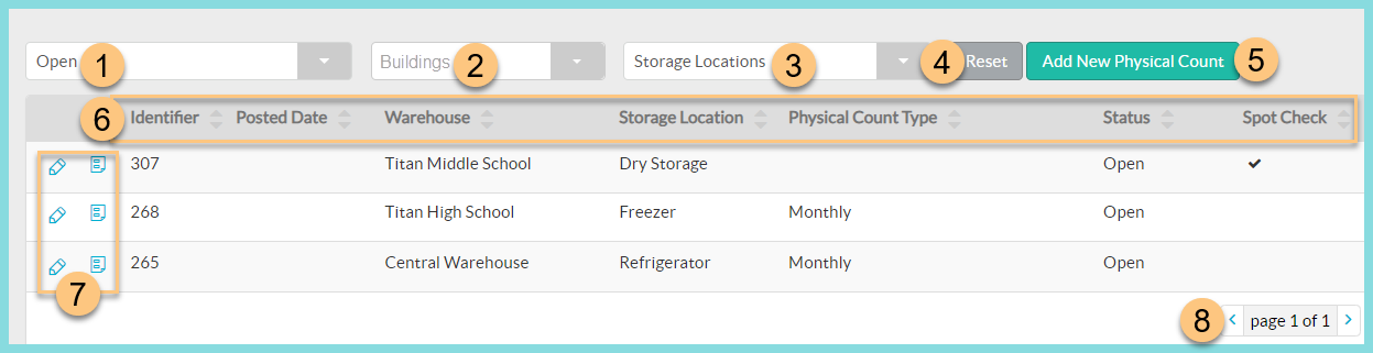 A screenshot of the physical count screen as described on this page.