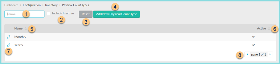 Screenshot of the Physical Counts Type screen as described on this page.