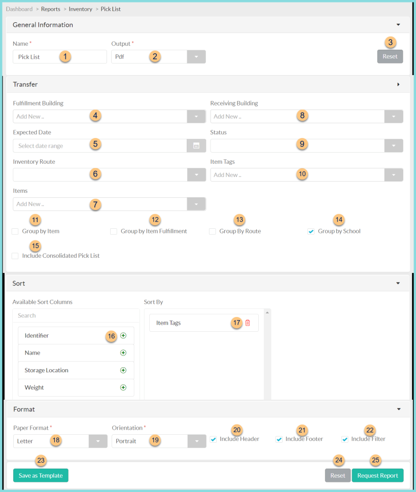 Screenshot of the Pick List Report screen as descibed on this page.