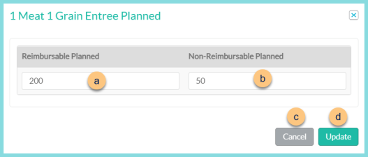 A screenshot of the 1 meat 1 grain entree modal as described on this page.
