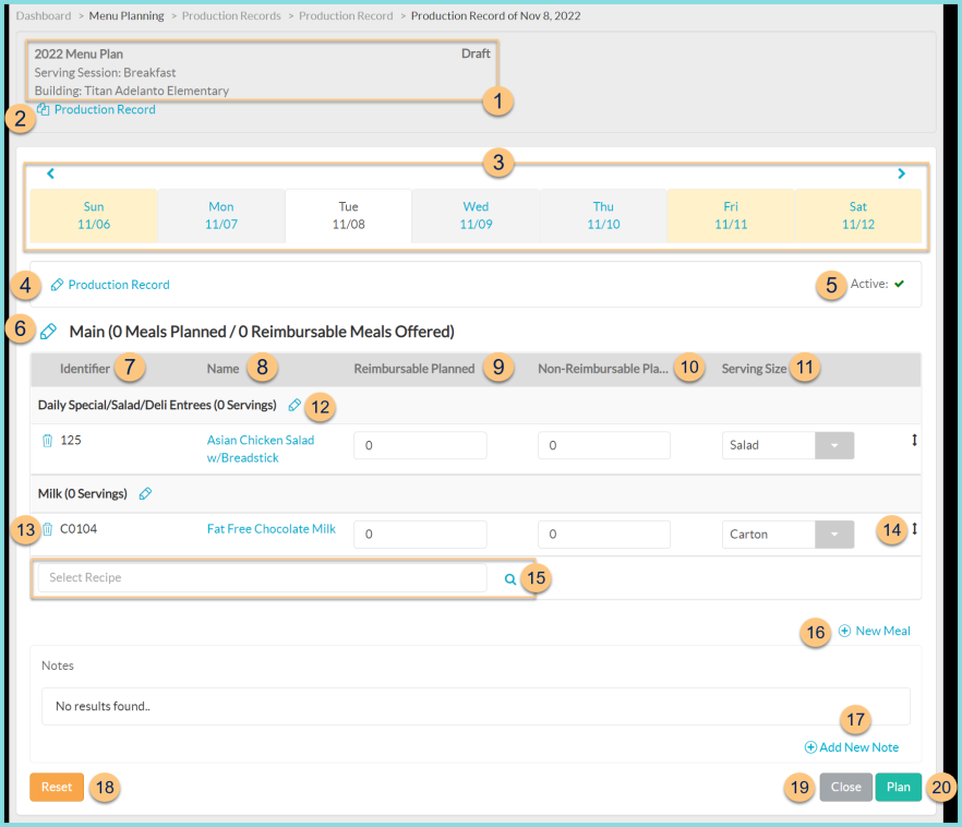 A screenshot of planning a production record as described on this page.