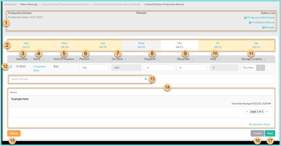 A screenshot of posting a central kitchen production record as described on this page.