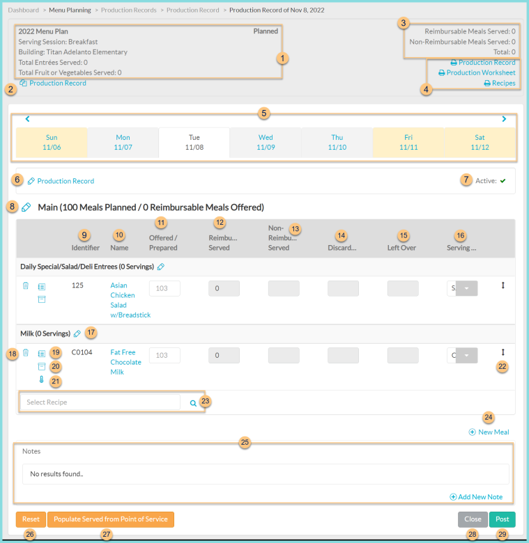 A screenshot of posting a production record as described on this page.
