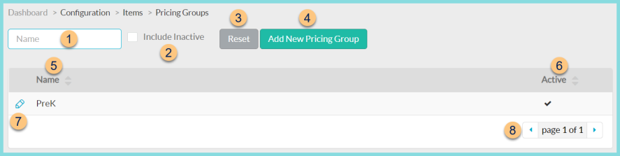 Screenshot of the Pricing Groups screen as described on this page.