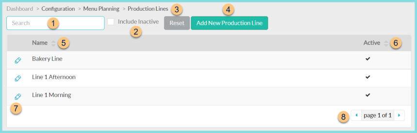 Screenshot of the Production Lines screen as described on this page.