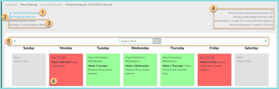 Screenshot of the Production Records Calendar Screen as described on this page.