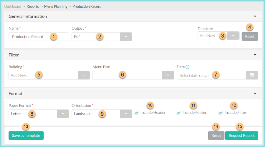 A screenshot of the production record report configuration screen as described on this page.