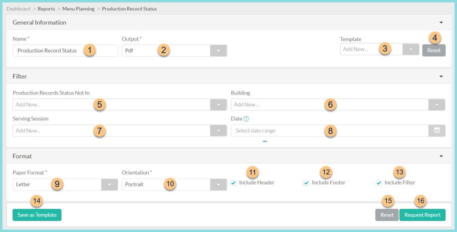 Screenshot of the Production Record Status screen as described on this page.