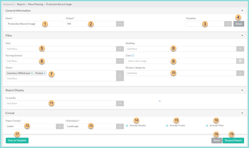 A screenshot of the production record usage report configuration screen as described on this page.