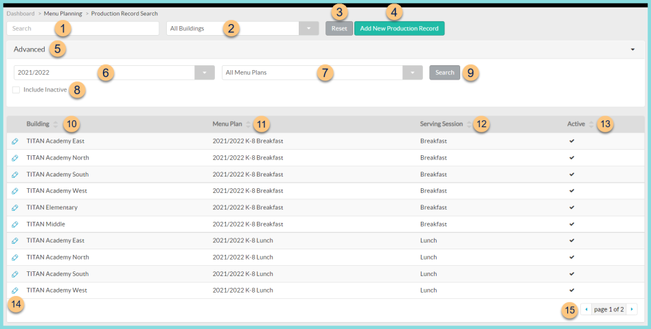 A screenshot of the production record search screen as described on this page.
