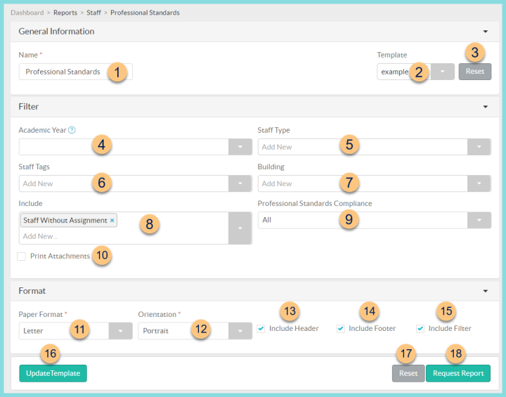 A screenshot of the professional standards report configuration as described on this page.