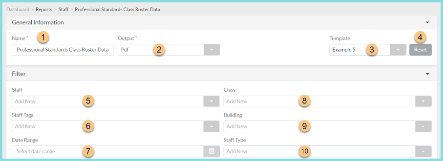 Screenshot of the Professional Standards Class Roster setup as described on this page.