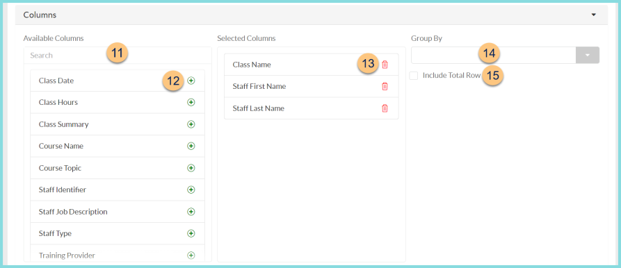 Screenshot of the available columns for the Professional Standards Class Roster Report as described on this page.