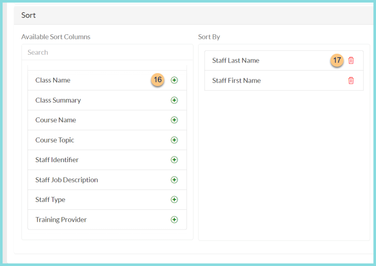 Screenshot of the available sort columns for the Professional Standards Class Roster Report as described on this page.