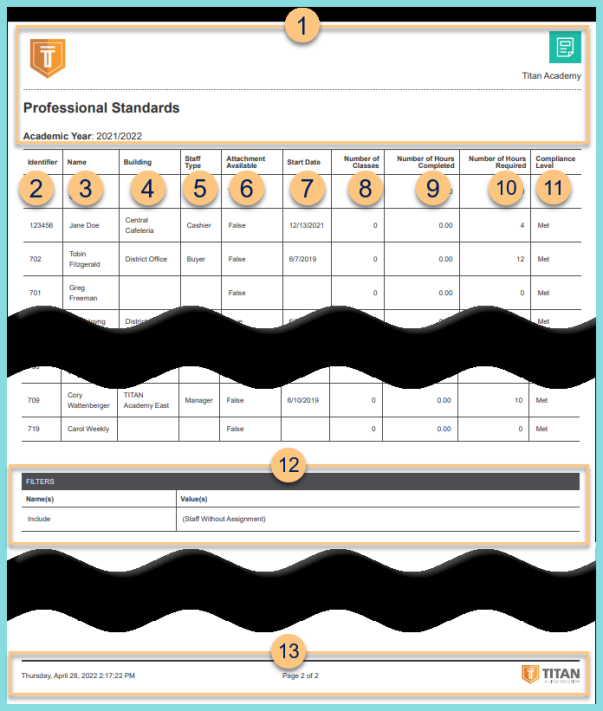 A screenshot of an example professional standards report as described on this page.