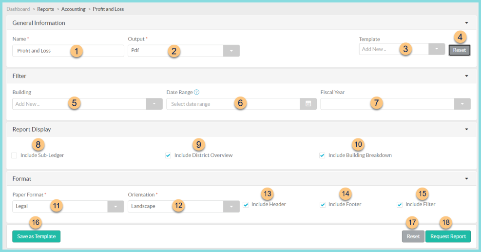 Screenshot of the Profit and Loss Report configuration screen as described on this page.