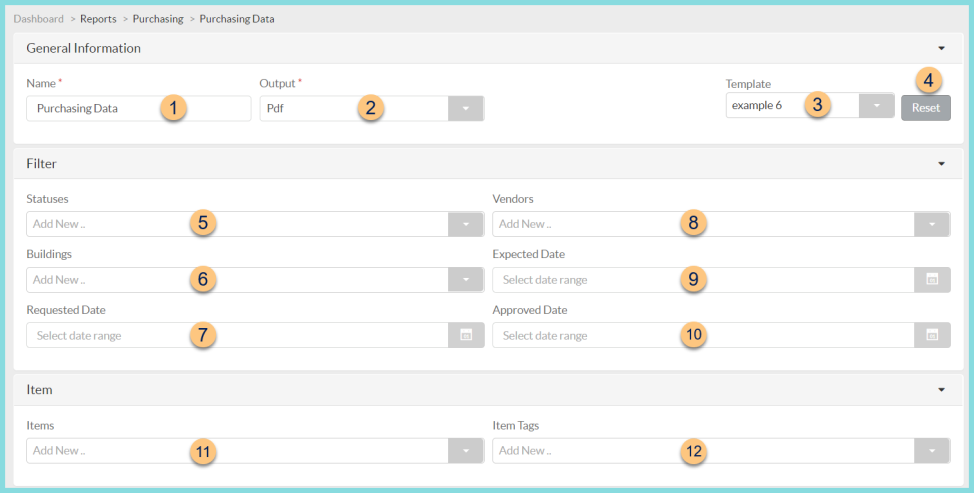 A screenshot of purchasing data report configuration as described on this page.