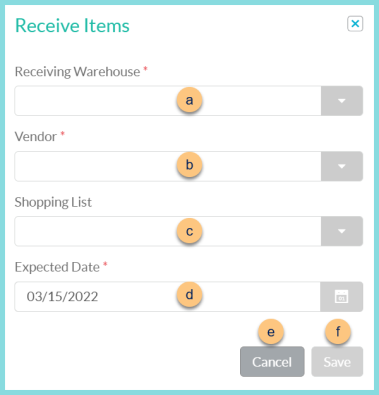 A screenshot of the receive items modal as described on this page.