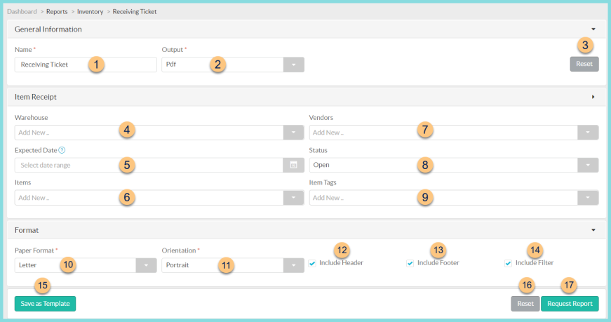 A screenshot of the receiving ticket report configuration as described on this page.