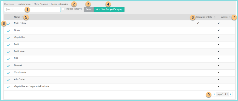 Screenshot of the Recipe Categories screen as described on this page.
