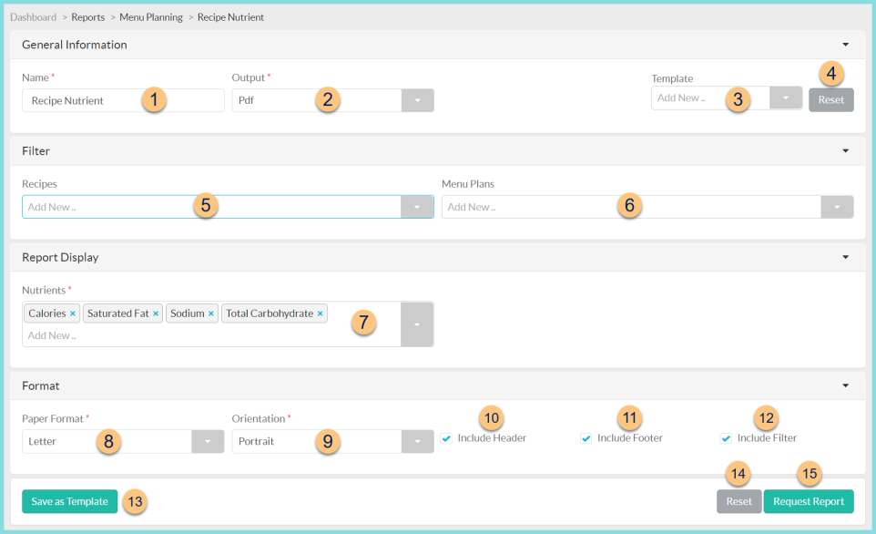 A screenshot of the Recipe Nutrient Report configuration as described on this page.