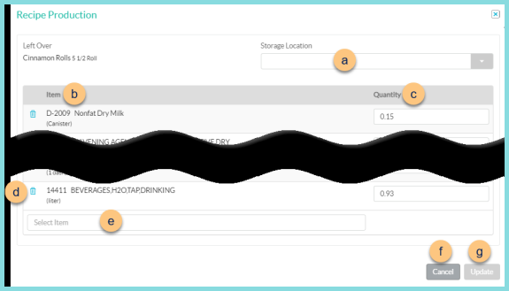 A screenshot of the recipe production screen as described on this page.