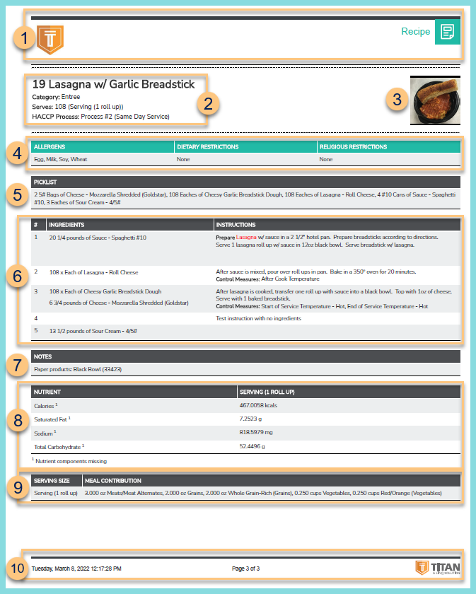A screenshot of an example Recipe report as described on this page.