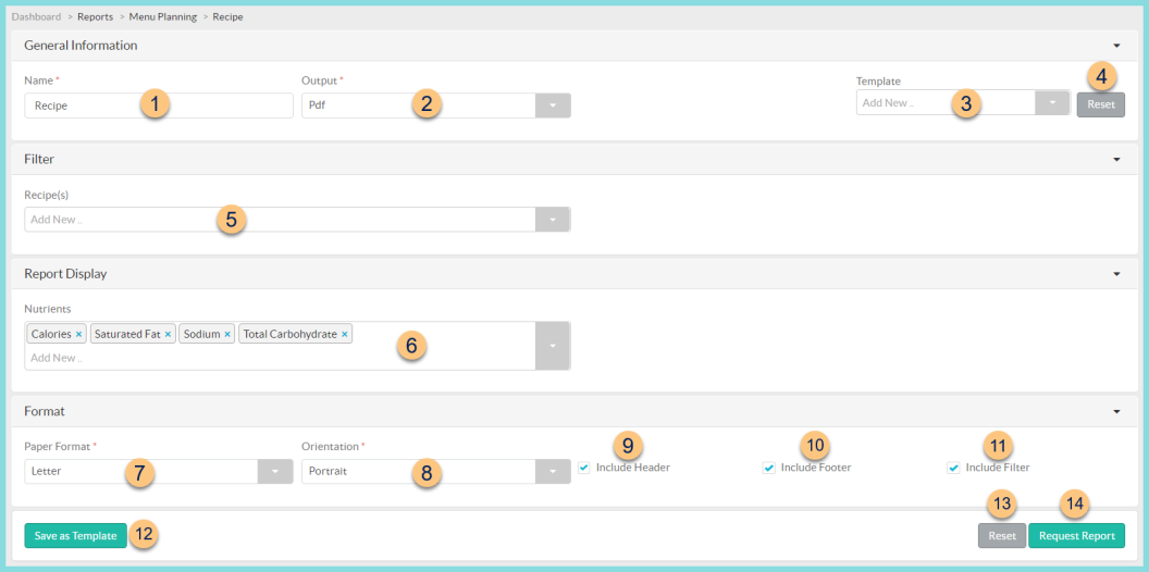 A screenshot of the recipe report configuration screen as described on this page.