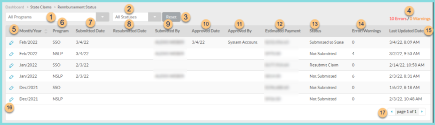 Screenshot of the Reimbursement Status Screen as described on this page.
