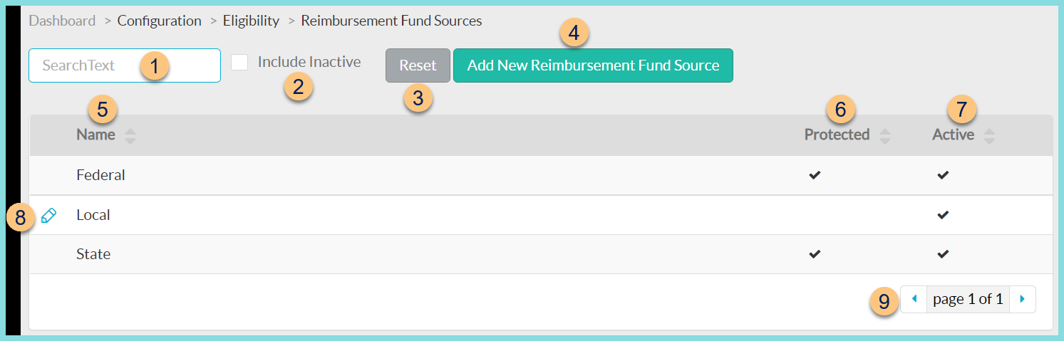 A screenshot of the reimbursement fund sources configuration screen as described on this page.