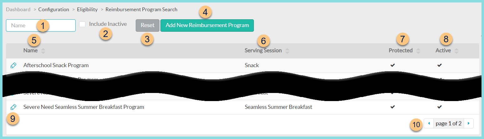 A screenshot of the Reimbursement Programs configuration screen as described on this page.