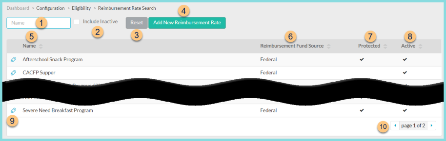 Screenshot of the Reimbursement Rates screen as described on this page.