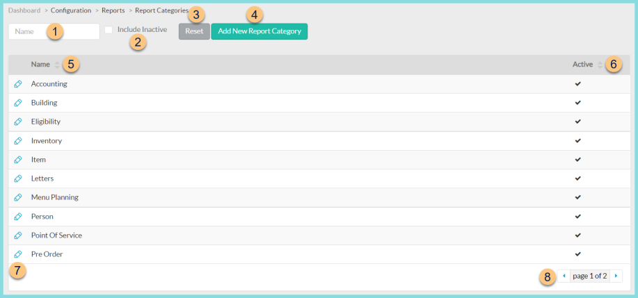 Screenshot of the Report Categories screen as described on this page.
