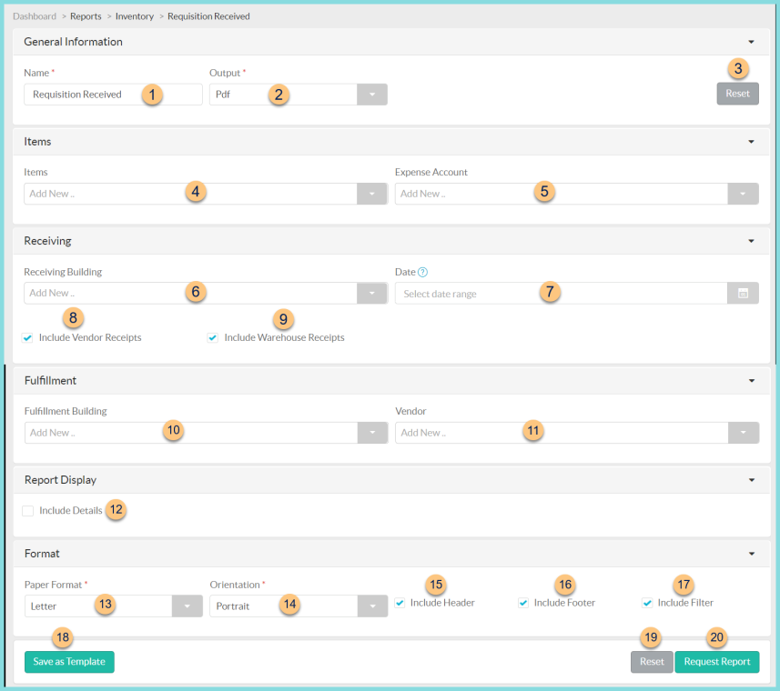 A screenshot of the requisition received report configuration as described on this page.