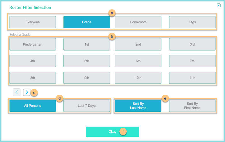 Screenshot of the Roster Filter Selection modal as described on this page.
