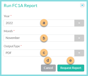 Screenshot of the Run FC1A Report modal as described on this page.