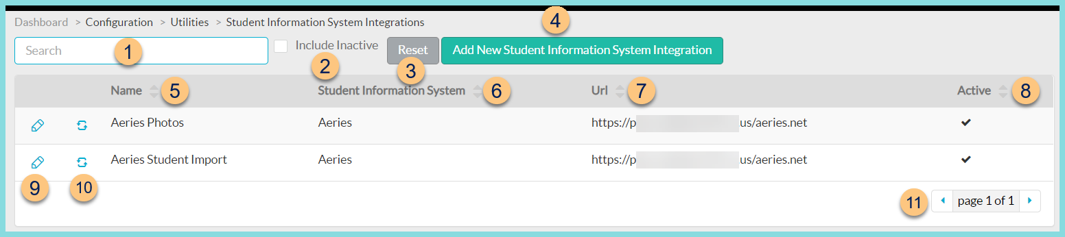 A screenshot of the student information system integrations search screen as described on this page.