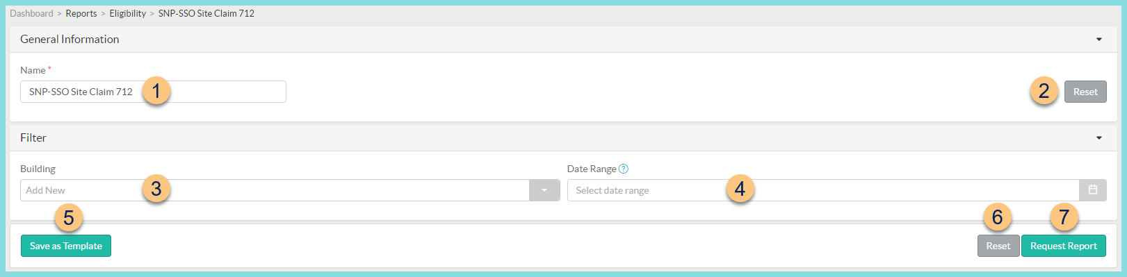 A screenshot of the SNP-SSO Site Claim 712 report configuration screen as described on this page.