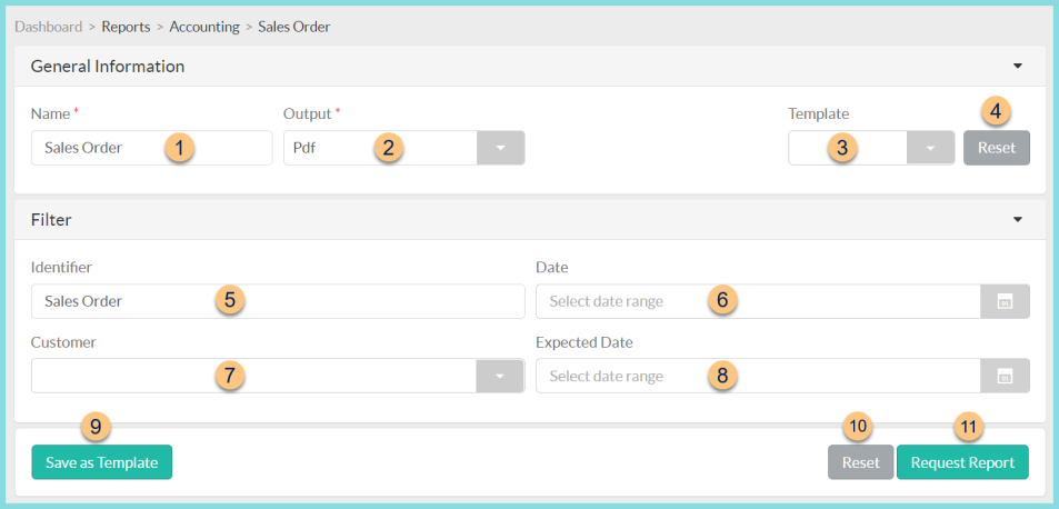Screenshot of the Sales Order Report general information and filters as described on this page.