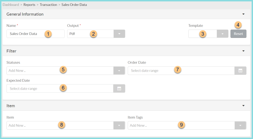 Screenshot of the Sales Order Data Report general information, filter, and item sections as described on this page.