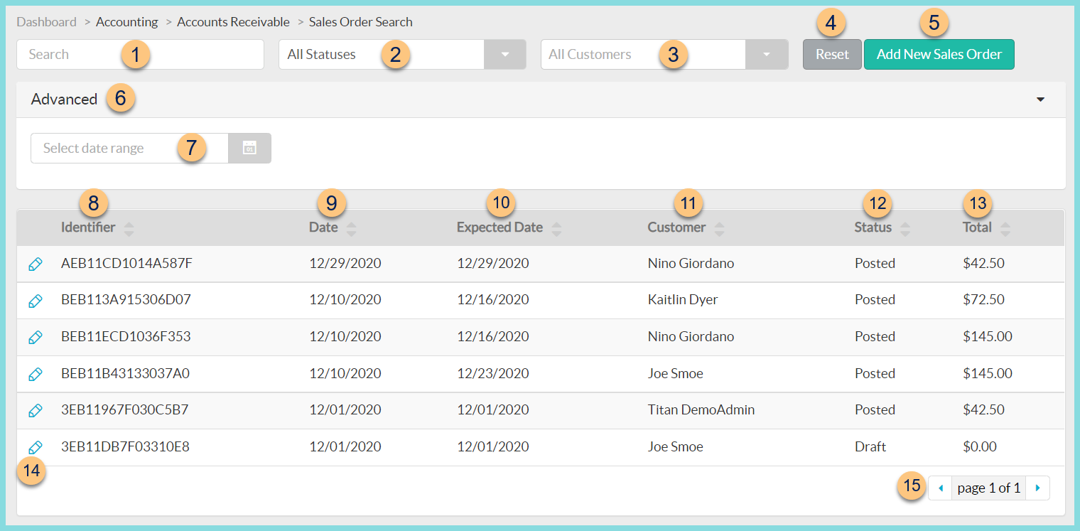 A screenshot of the sales order search screen as described on this page.