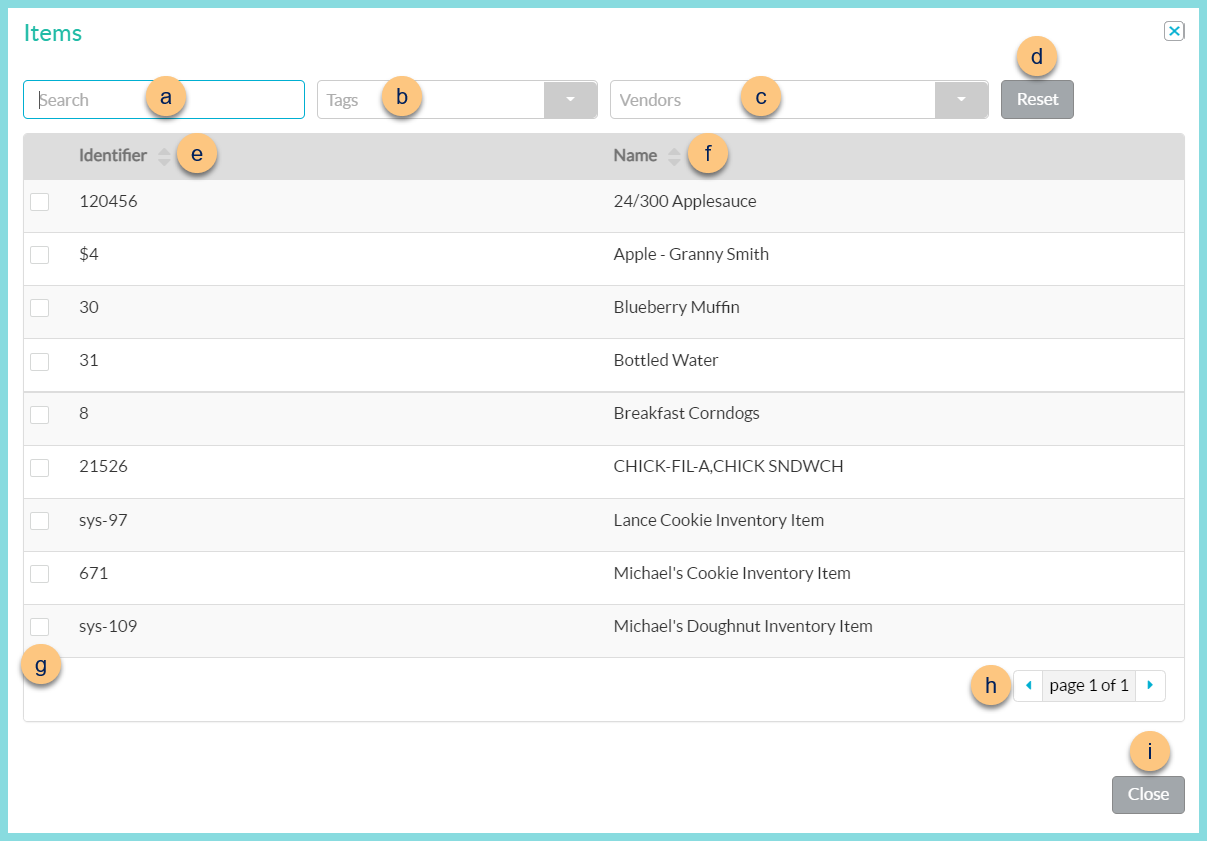 A screenshot of the item search modal as described on this page.