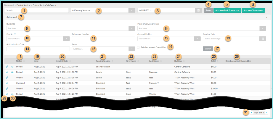 A screenshot of the point of service sale search screen as described on this page.