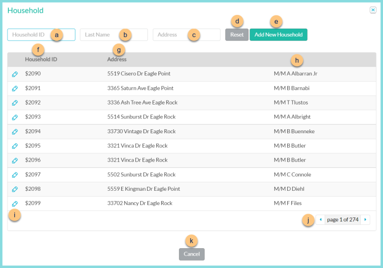 Screenshot of the Search for Household modal as described on this page.