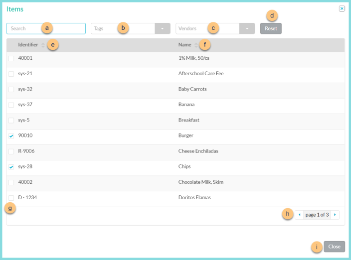 Screenshot of the Search Items modal as described on this page.
