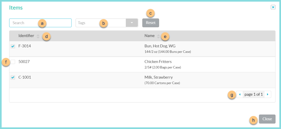 A screenshot of the search items modal as described on this page.