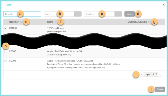 A screenshot of the item search modal as described on this page.