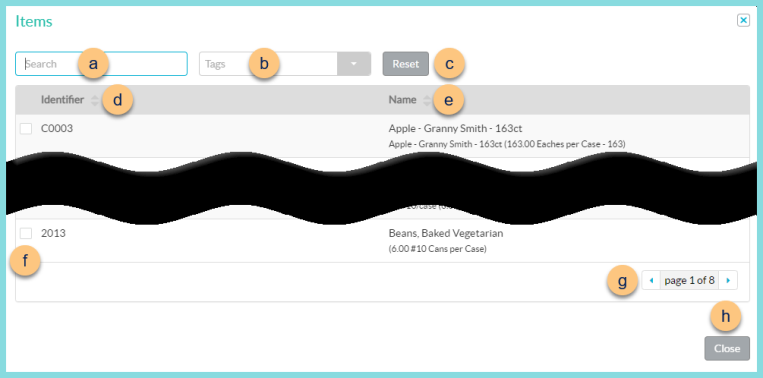 A screenshot of the item search modal as described on this page.