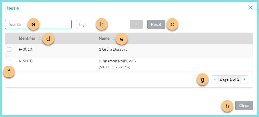 A screenshot of the Search Items modal as described on this page.