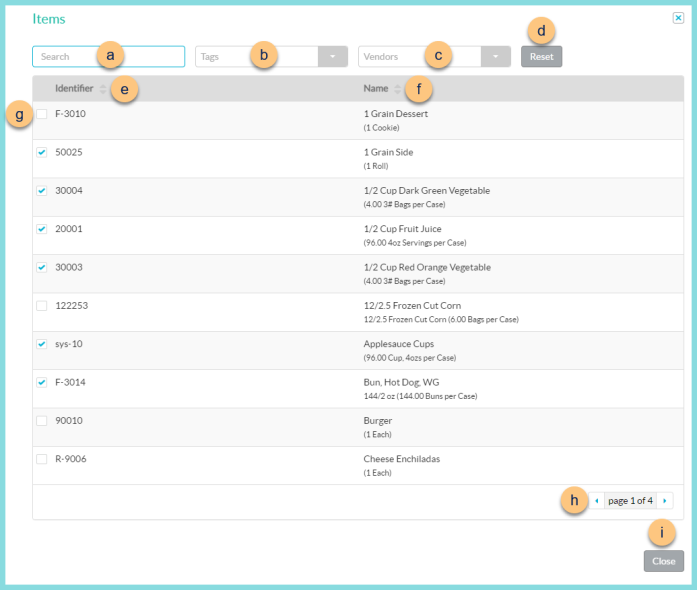 A screenshot of the item search modal as described on this page.